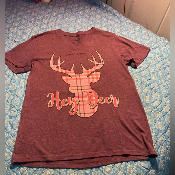 SALE 3/$20 EUC Simply Southern/Simply Faithful T shirt,Purple /pink plaid Deer - Picture 1 of 6
